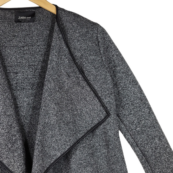 Zara S Womens Cardigan Sweater Gray Black Oversized Open Front Faux Leather - Picture 8 of 13